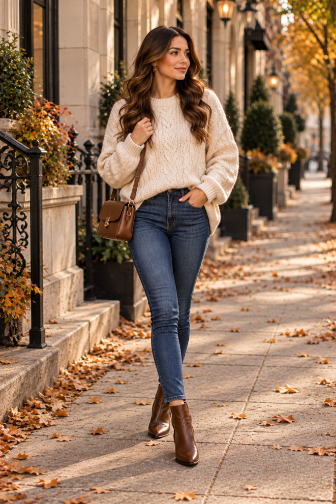 Oversized cream sweater styled with dark skinny jeans and ankle boots.