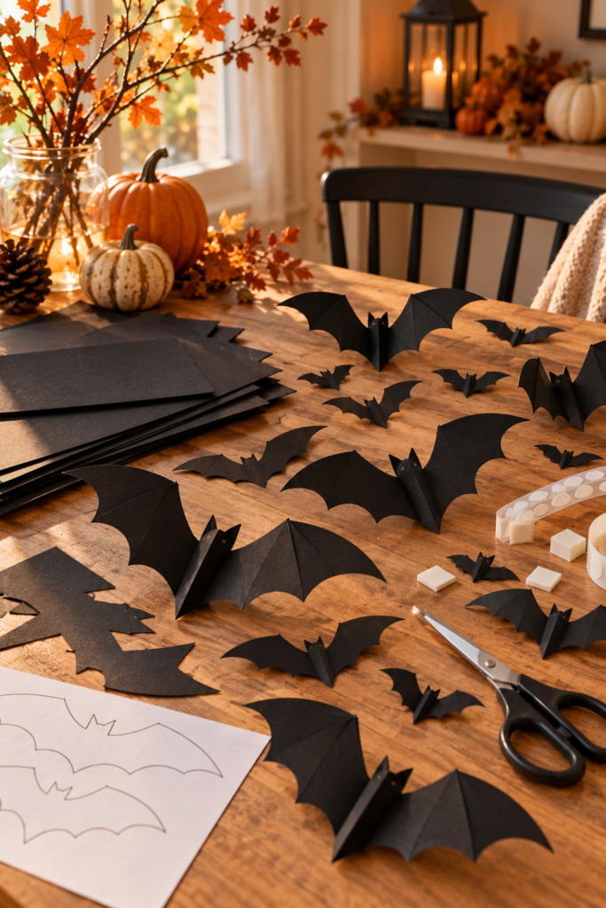 A wooden table covered in black paper bats, scissors, and a template, with pumpkins and autumn leaves in the background.