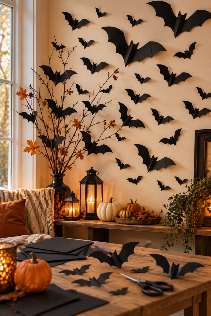 Black paper bats of various sizes are mounted on a beige wall, with a wooden table in the foreground holding crafting supplies, a small pumpkin, and a lit candle.