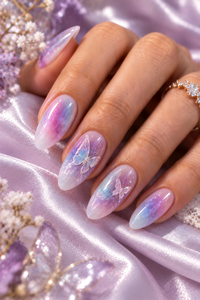 A hand with long, almond-shaped nails featuring a soft purple and blue aura gradient, decorated with delicate butterfly decals and fine glitter, resting on lavender satin fabric.