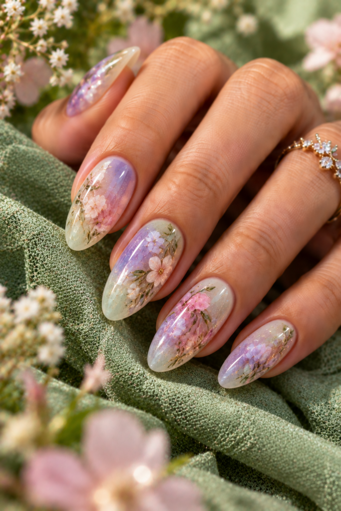 Close-up of long almond nails featuring a soft lavender and pink aura base with delicate 3D floral decals and gold accents, resting on a textured green fabric.