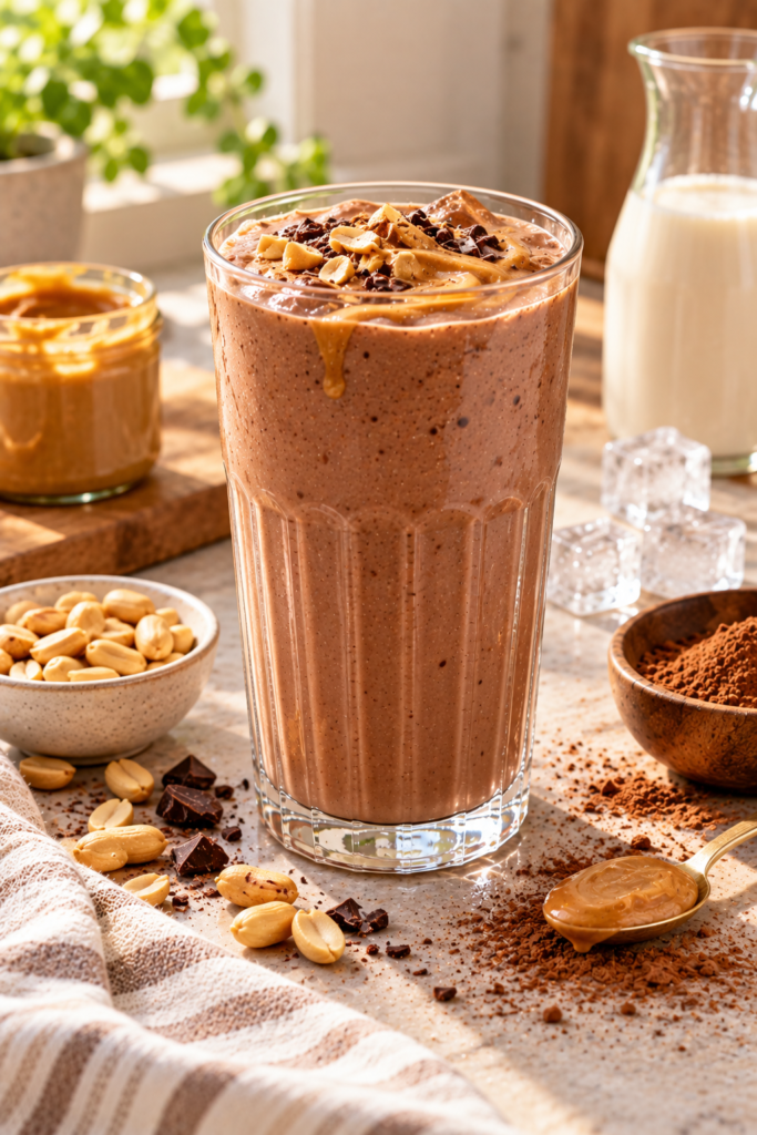 A tall glass of chocolate peanut butter smoothie topped with peanuts and chocolate chunks, surrounded by a bowl of peanuts, a spoon of peanut butter, and a pitcher of milk on a kitchen counter.