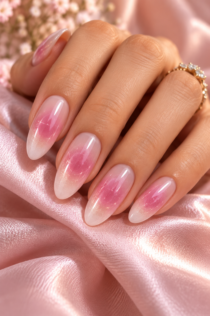 A close-up of almond-shaped nails featuring a soft pink aura gradient and subtle glitter, resting on a draped pink satin fabric.