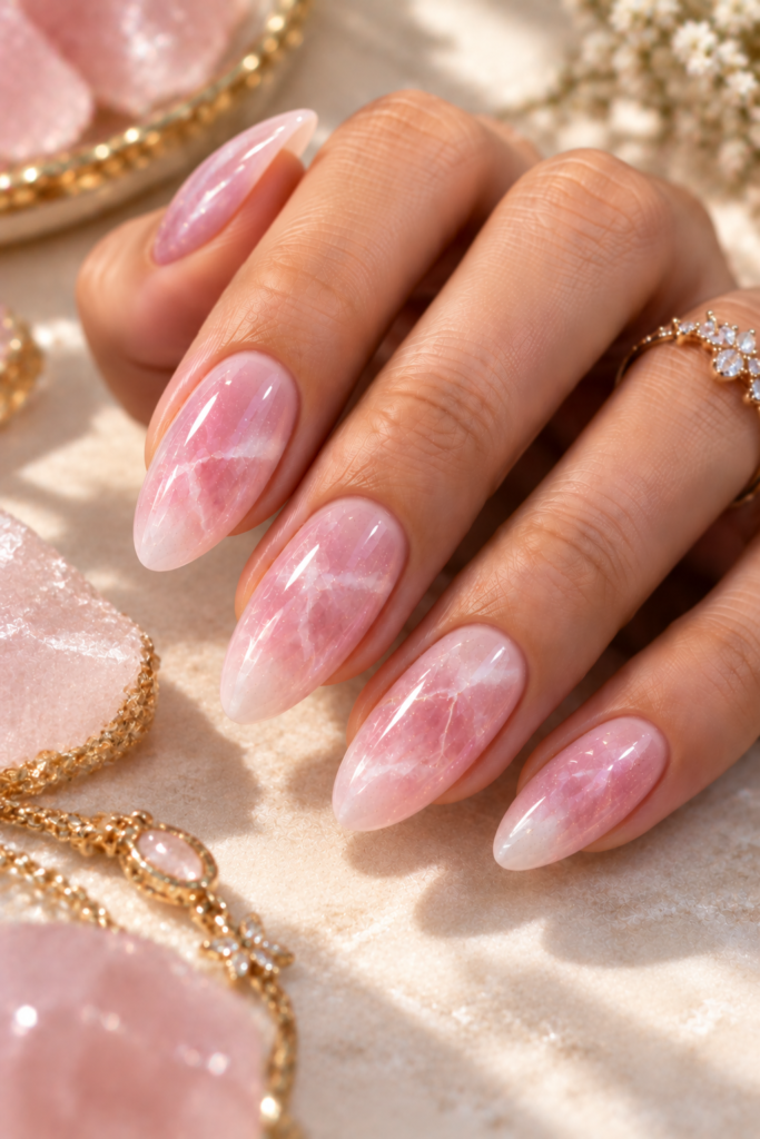 A close-up of long, almond-shaped nails with a pink and white marbled aura design, resting near pink crystals and gold jewelry.