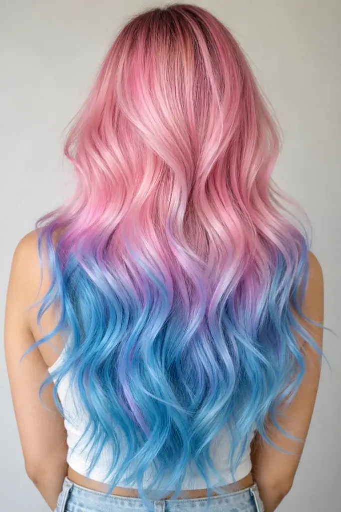 Back view of long, wavy hair with a pink and blue ombré dye job, transitioning from pink roots to blue tips.