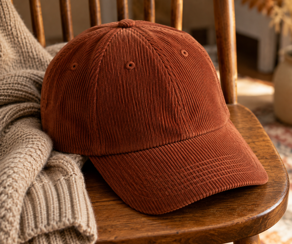Rust-colored corduroy baseball cap with visible ribbed fabric texture