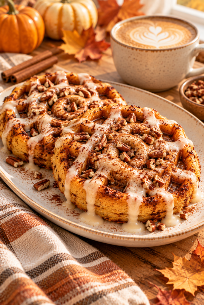 Pumpkin spice cinnamon roll waffles with cream glaze and pecans on a plate beside a latte and pumpkins.