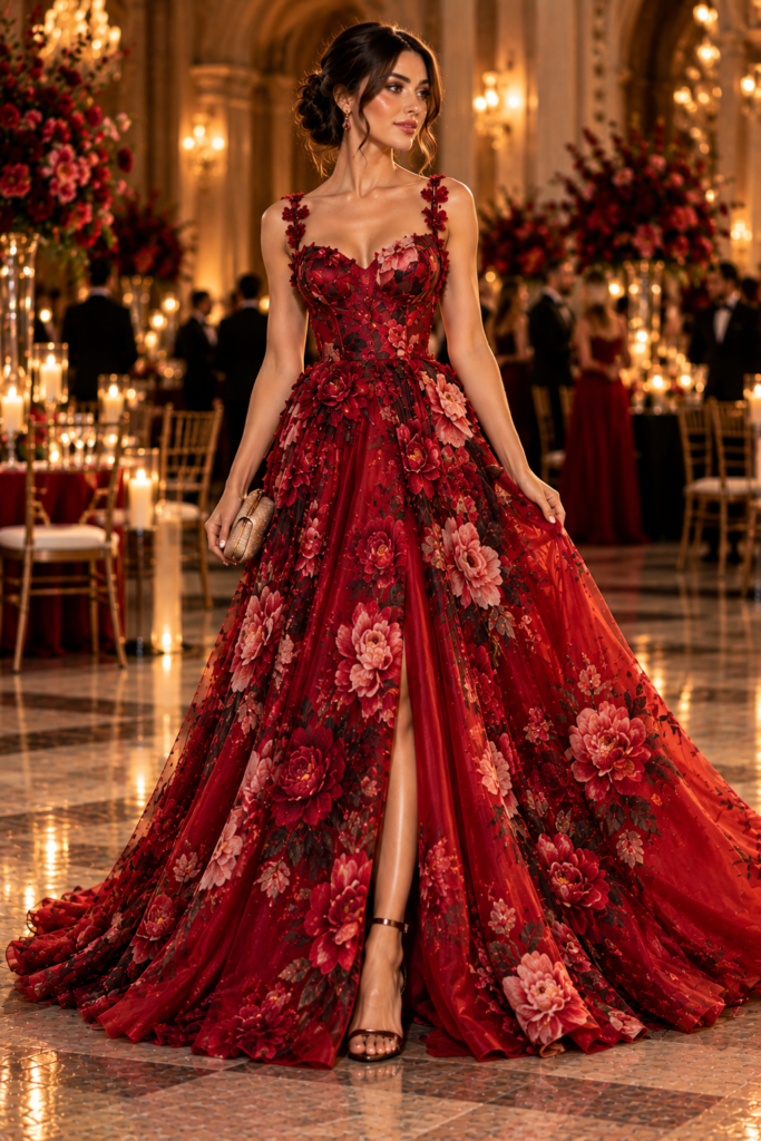  Red floral evening gown with rich botanical details and flowing skirt.