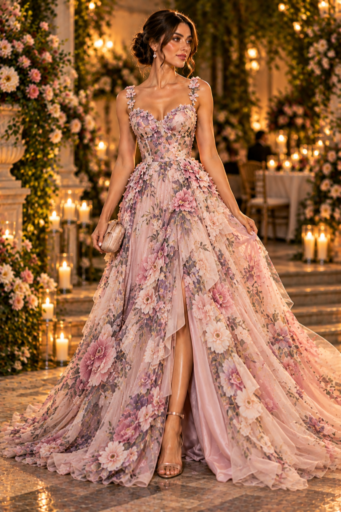 Romantic floral formal gown with soft pastel flowers and a flowing train.