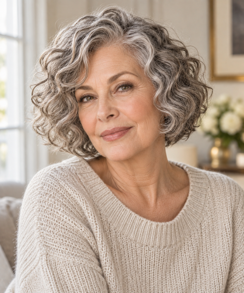 Rounded chin-length curly bob with natural gray curls