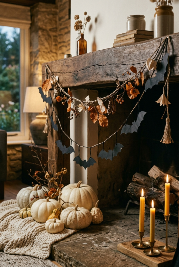 A handmade bat garland with dried leaves hangs from a wooden mantel above white pumpkins and lit candles.