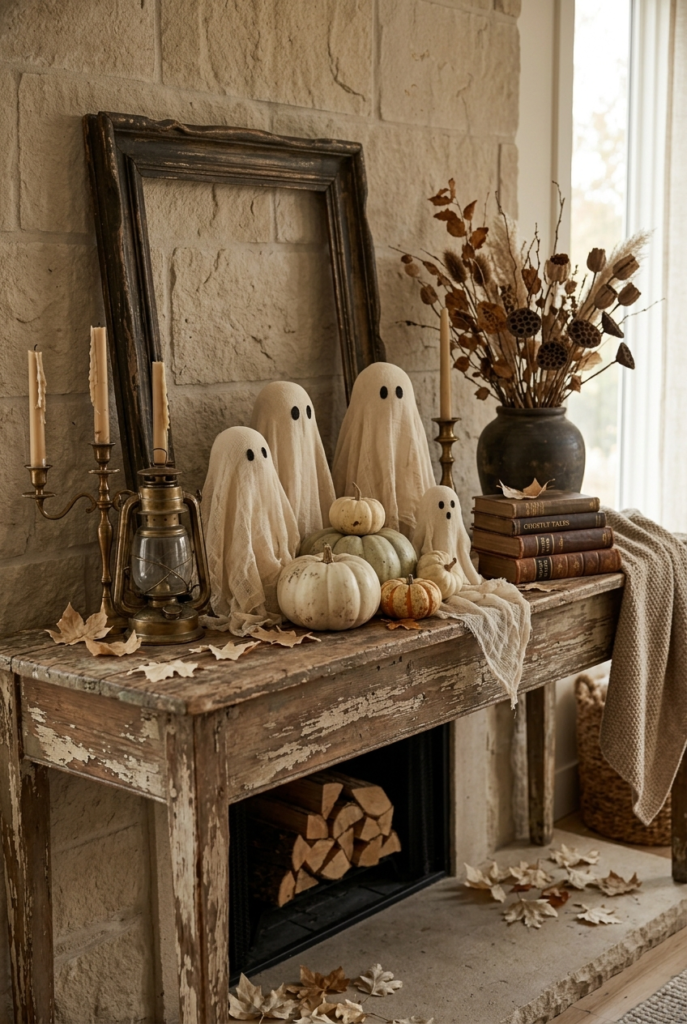 A rustic wooden mantel decorated with white cloth ghosts, small pumpkins, a vintage lantern, and dried flowers against a stone wall.