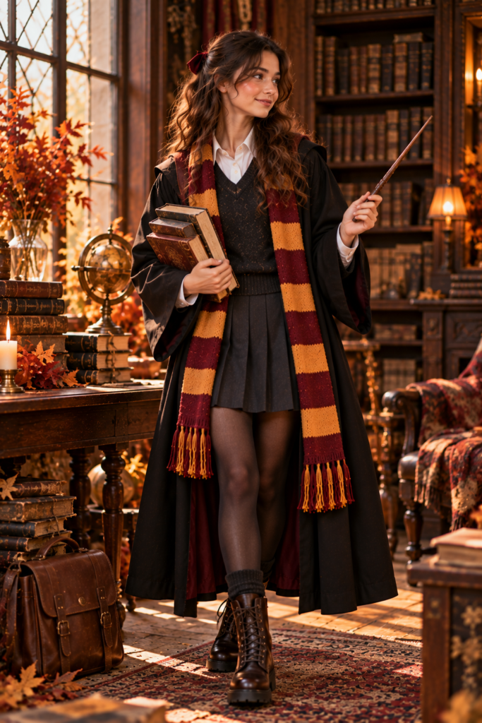 Scholarly witch-inspired costume with school uniform, books, robe, and wand