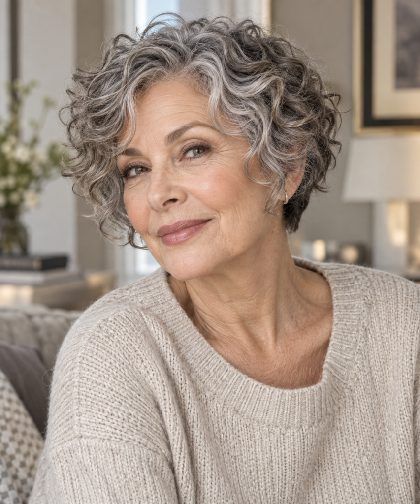 Short curly pixie bob with soft movement around the face