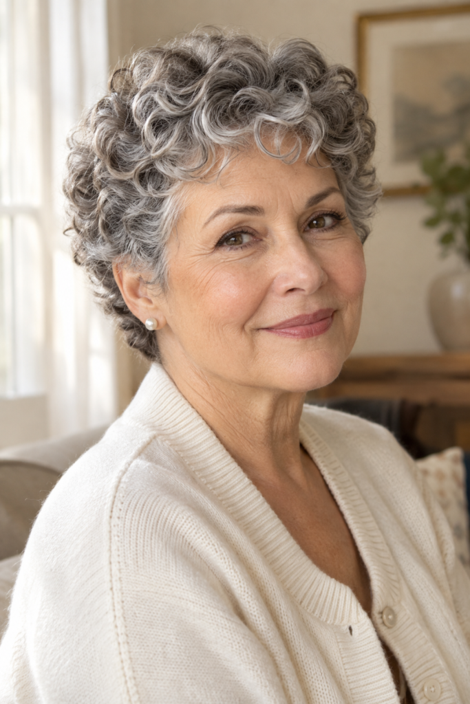 Short wash-and-wear curly crop with natural silver volume