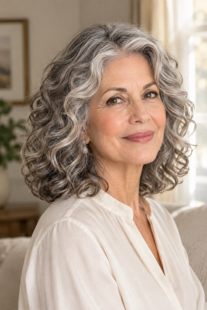 Shoulder-grazing curly lob with soft silver layers