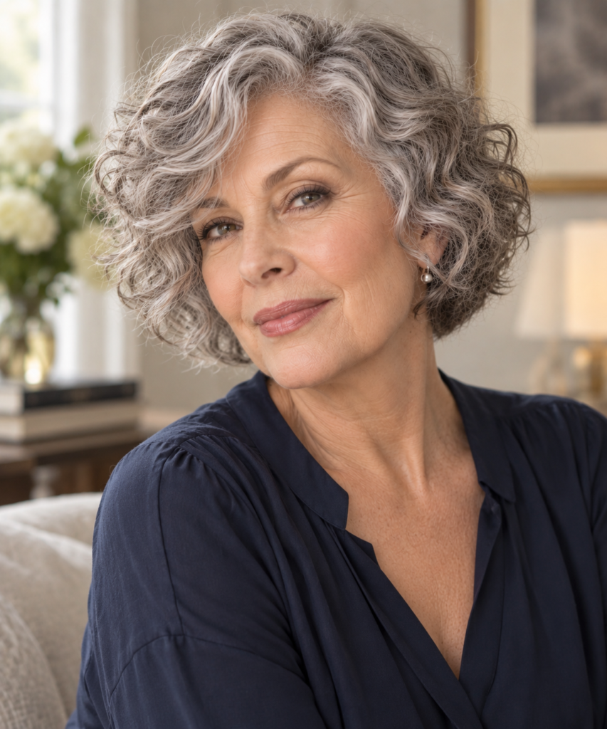 Side-swept curly fringe bob with soft silver-gray curls