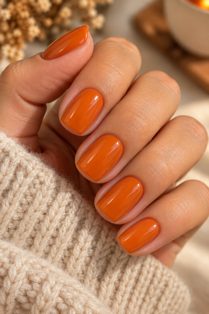 Simple glossy orange nails