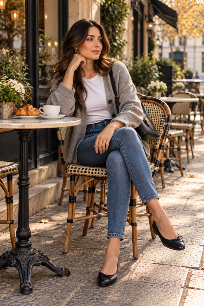 Skinny jeans styled with black ballet flats and a soft gray cardigan.