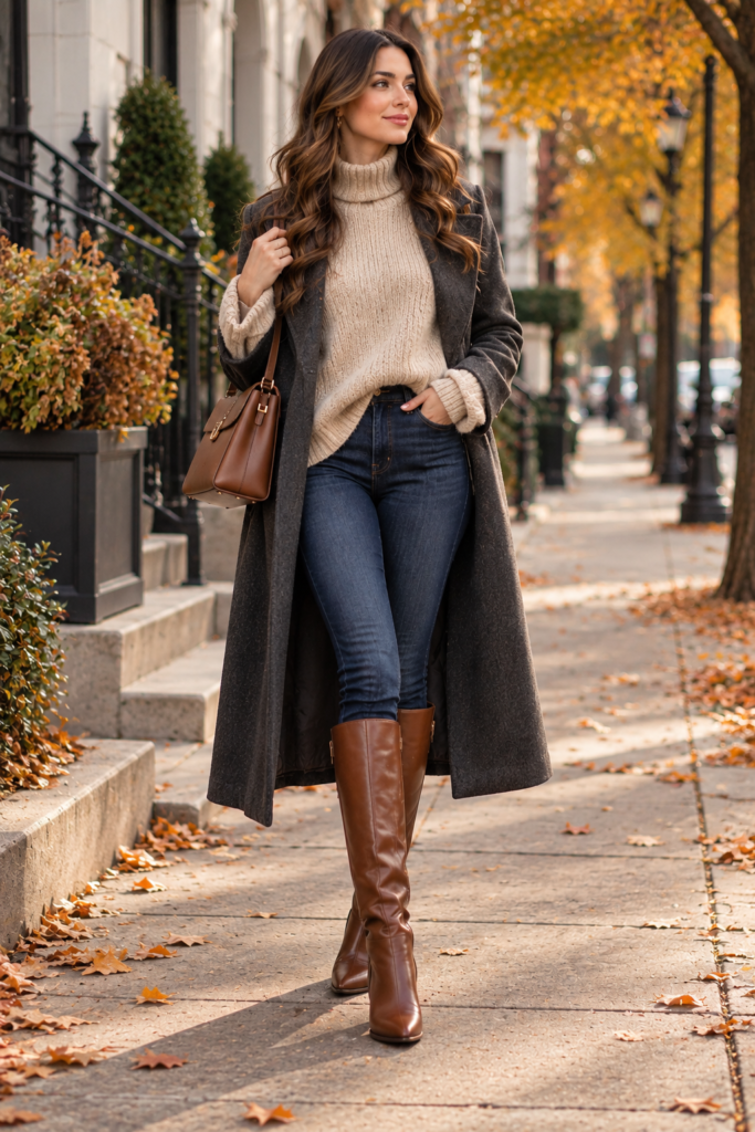 Skinny jeans tucked into brown knee-high boots with an oversized sweater.