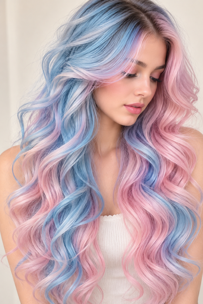 A person with long, wavy hair dyed in pastel blue and pink tones, shown from multiple angles against a plain background.
