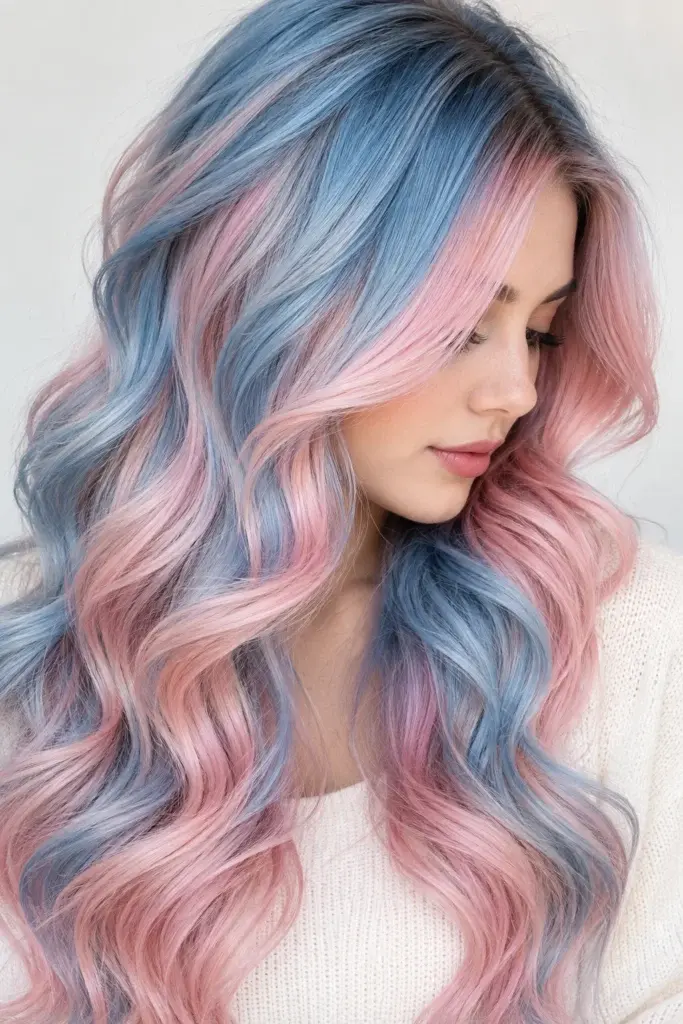 A close-up of long, wavy hair dyed in pastel blue and pink tones, showing the color blend and texture.