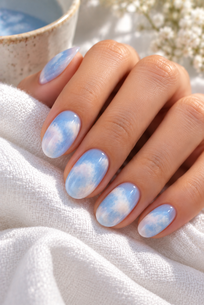 A hand with medium-length nails featuring a soft blue and white cloud-like aura design, resting on a white textured cloth near a ceramic cup.