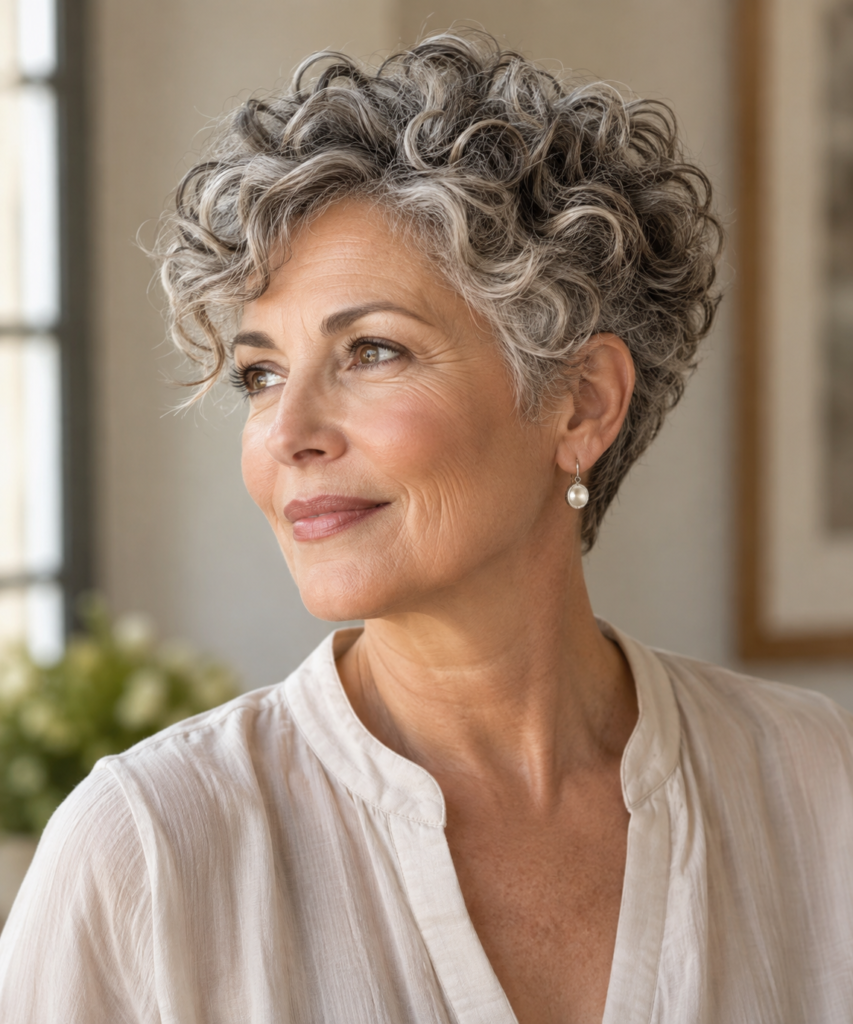 Soft curly pixie with a longer crown on a woman over 60