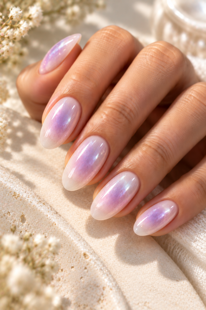 A hand with almond-shaped nails featuring a soft lavender and white aura gradient, resting on a textured white surface near small dried flowers.