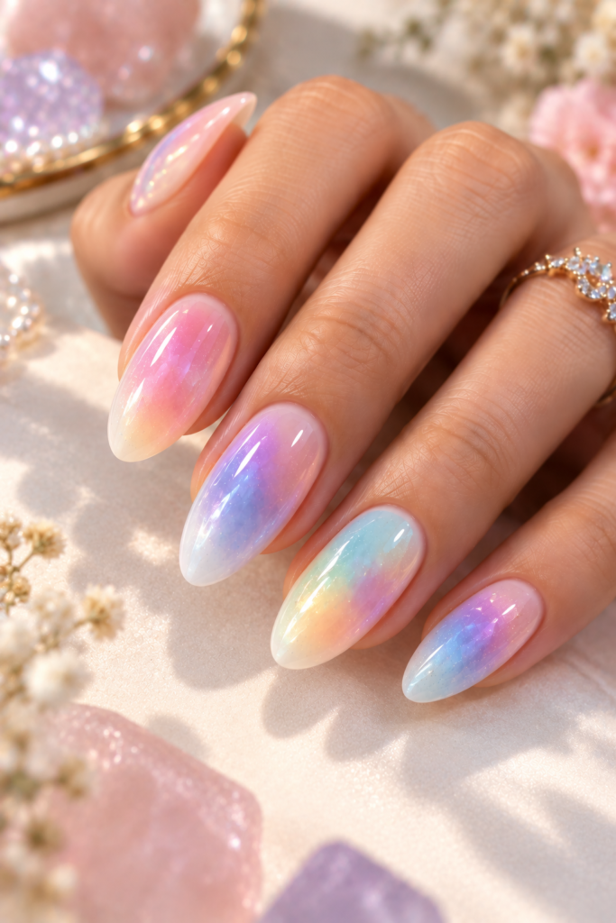 A hand with long, almond-shaped nails featuring a soft, iridescent aura design in pink, blue, and yellow, set against a background of crystals and dried flowers.
