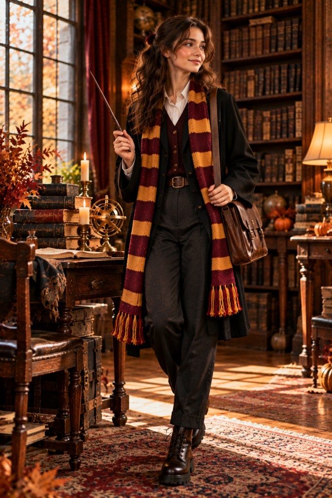 Sophisticated adult wizard-academy-inspired Halloween outfit