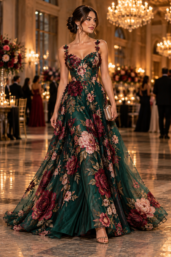 Sophisticated floral evening gown with a sculpted silhouette and rich botanical print.