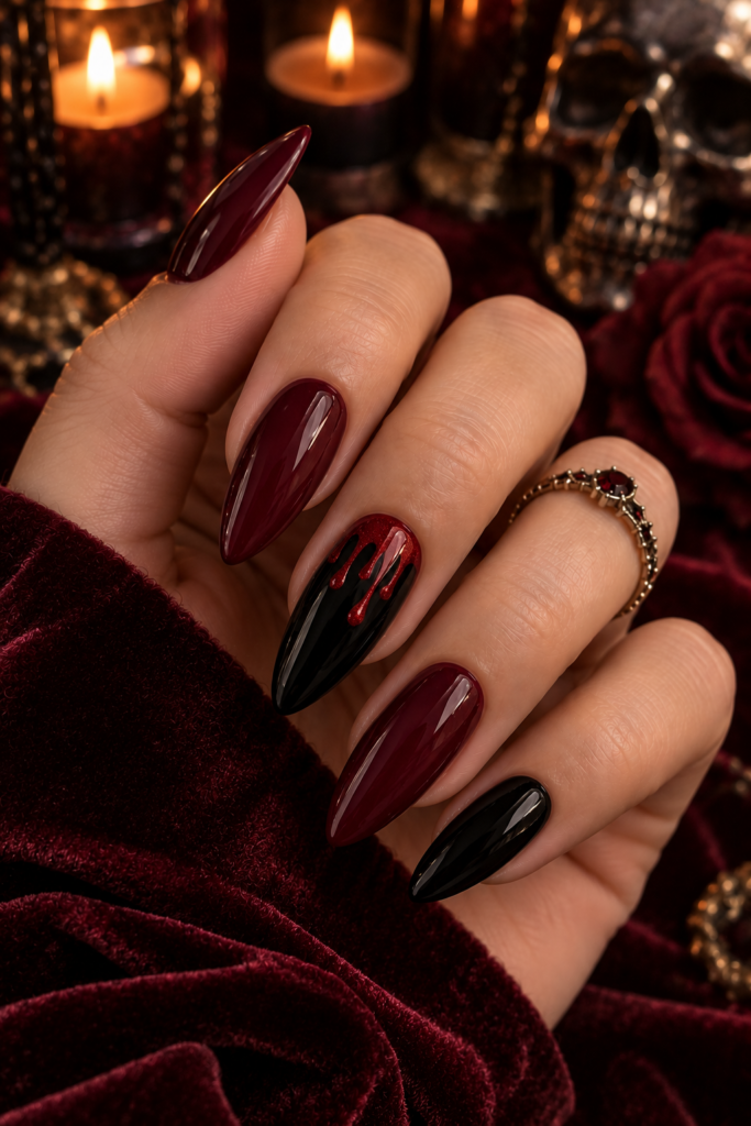 sophisticated Halloween manicure in rich burgundy wine