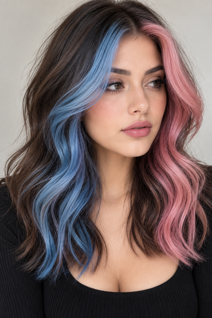 A person with dark wavy hair featuring a blue streak on one side and a pink streak on the other, shown in a full portrait and close-up detail shots.