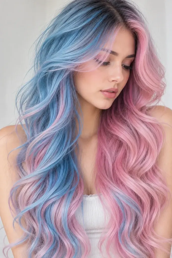 A close-up of long, wavy hair with a split-dye style, featuring light blue on one side and pastel pink on the other, with dark roots visible at the part.
