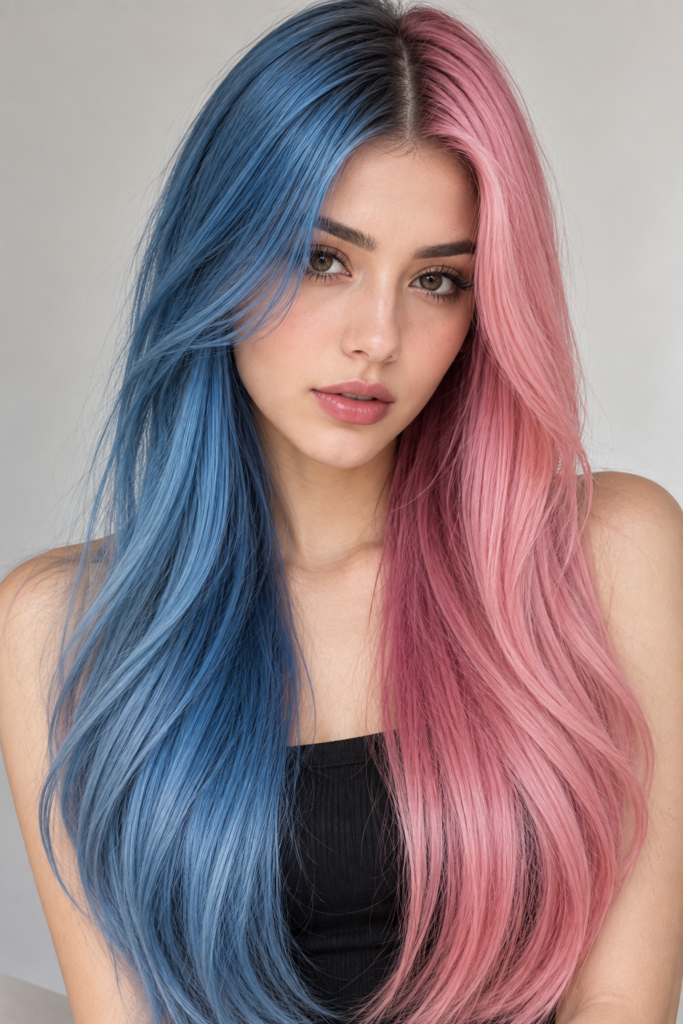 A person with long, wavy hair split down the middle, dyed blue on one side and pink on the other, wearing a black top.
