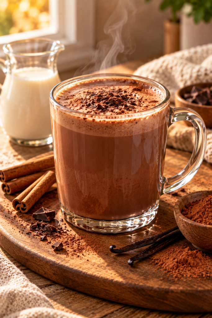 A glass mug of steaming hot chocolate topped with cocoa powder, served on a wooden board with cinnamon sticks, vanilla beans, and a small pitcher of milk.