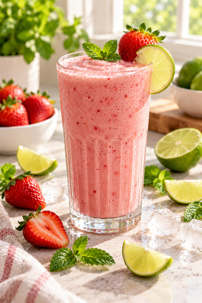 A pink strawberry smoothie in a tall glass, garnished with a whole strawberry, a lime slice, and mint leaves, surrounded by fresh fruit and ice on a marble surface.