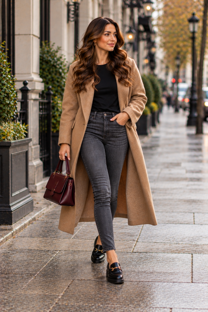 Street-style look featuring charcoal skinny jeans and an oversized camel coat.