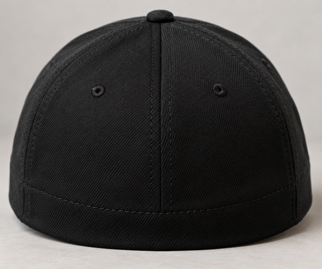 Black stretch fit baseball cap showing seamless elastic base band