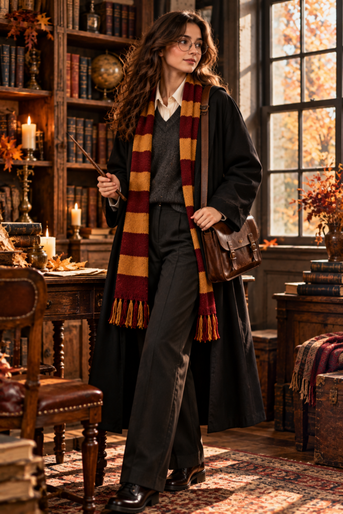 Stylish wizard-academy-inspired Halloween outfit with scarf, satchel, and wand