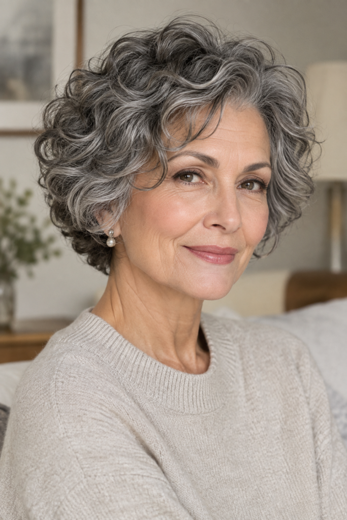 Tapered curly crop with fuller silver curls on top