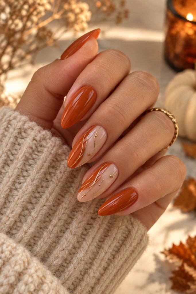 Terracotta nails with delicate gold accents