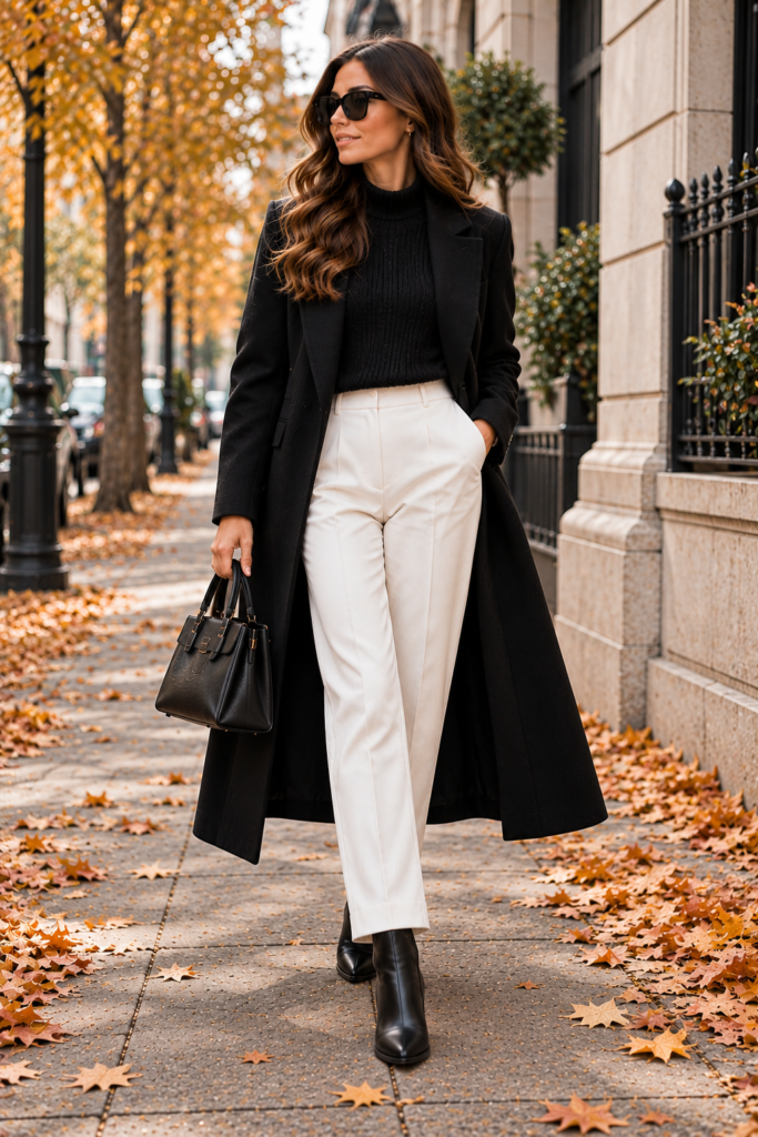 Textured black sweater, white trousers, black coat, and leather boots.