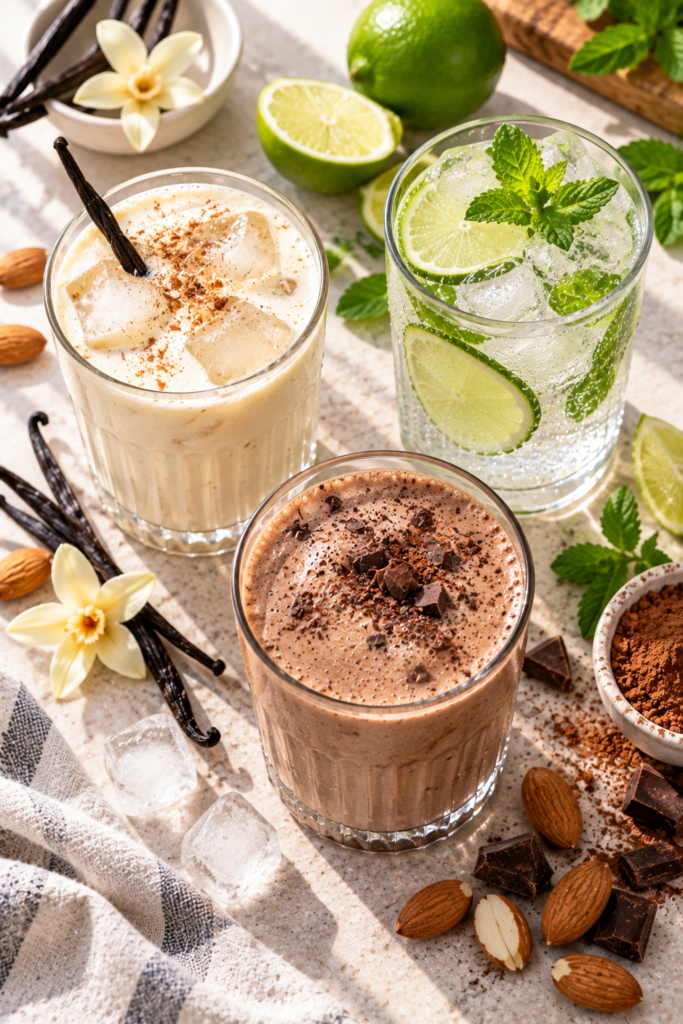 Three glasses of iced beverages on a stone surface, featuring a creamy vanilla drink, a chocolate shake, and a clear lime-mint drink, surrounded by limes, almonds, and vanilla pods.