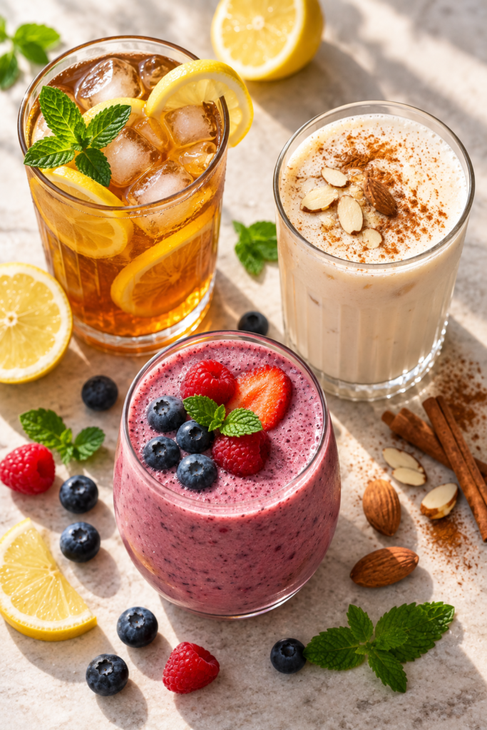 A glass of iced lemon tea, a creamy almond milkshake with cinnamon, and a berry smoothie topped with fresh fruit and mint, arranged on a light stone surface.
