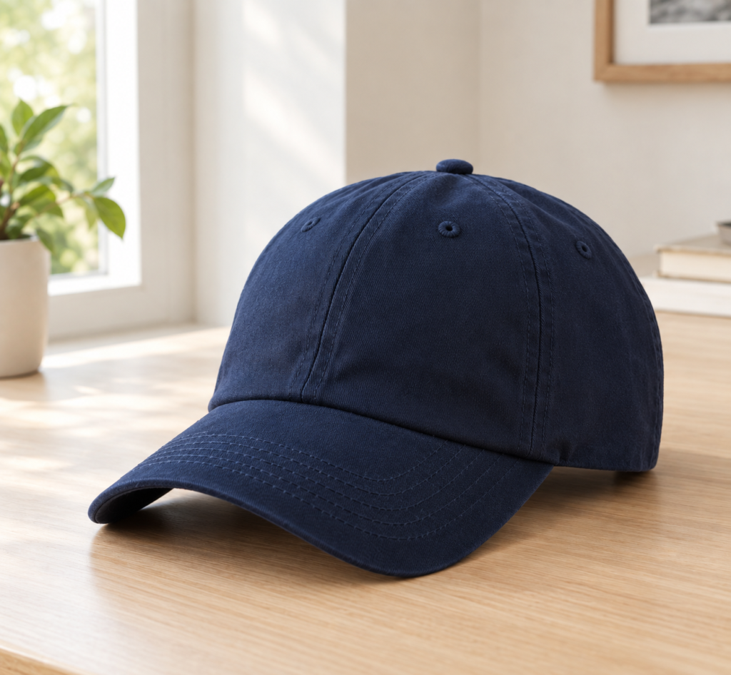 Navy six panel baseball cap with rounded crown and curved brim