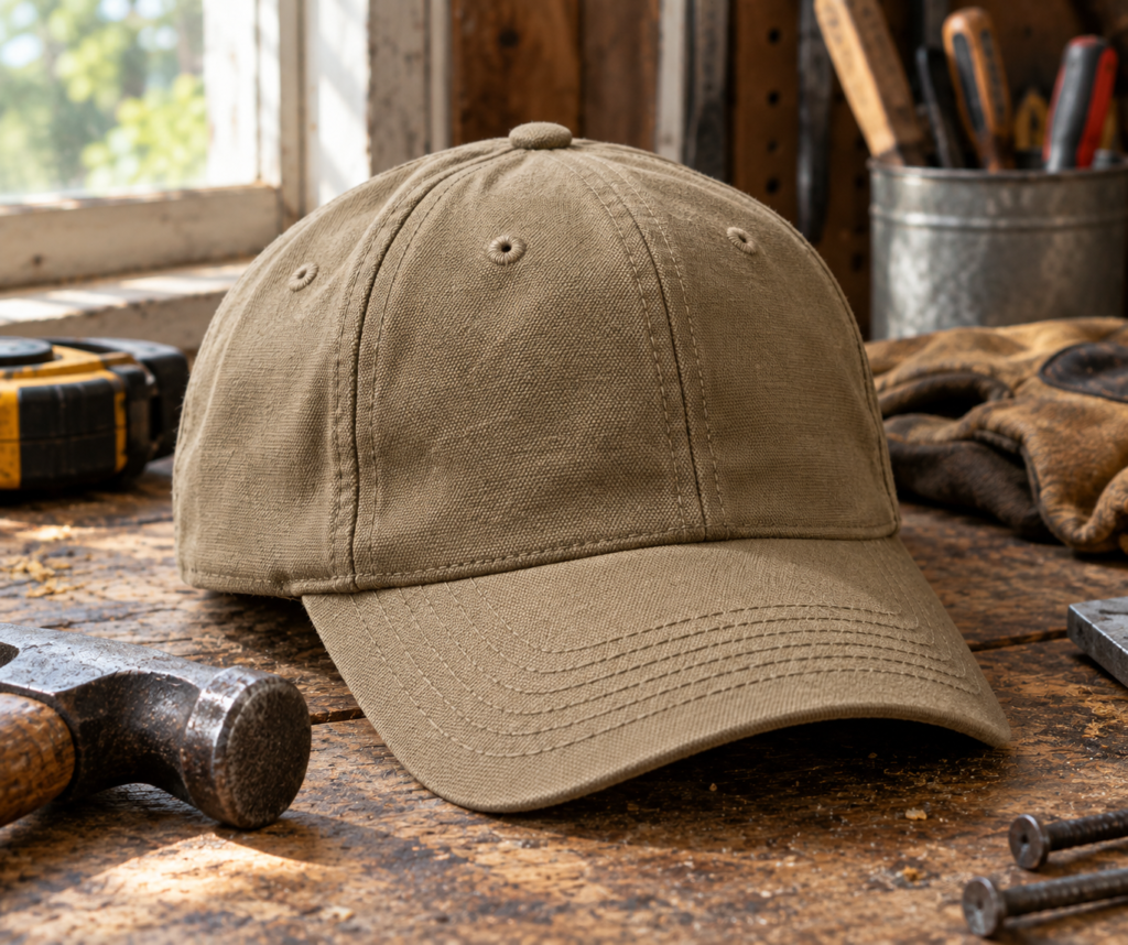 Khaki canvas baseball cap with structured brim on a rustic workbench