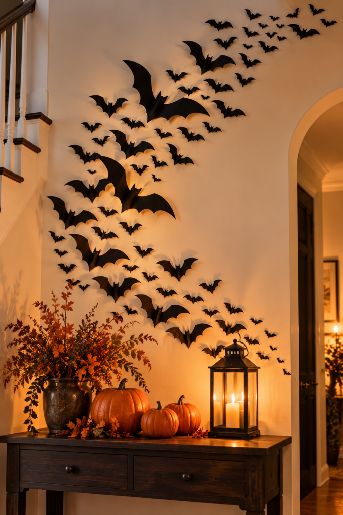 A large cluster of black bat cutouts arranged on a white wall above a dark wooden console table holding pumpkins and a lit lantern.