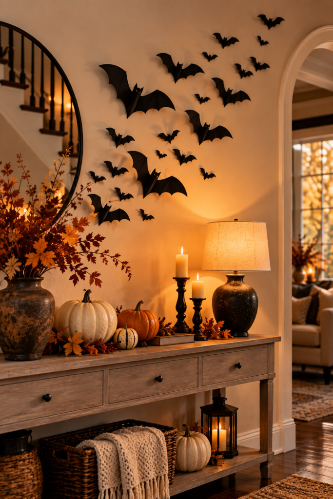 Black bat wall decals arranged in a flight pattern above a wooden console table holding pumpkins, candles, and a lamp.